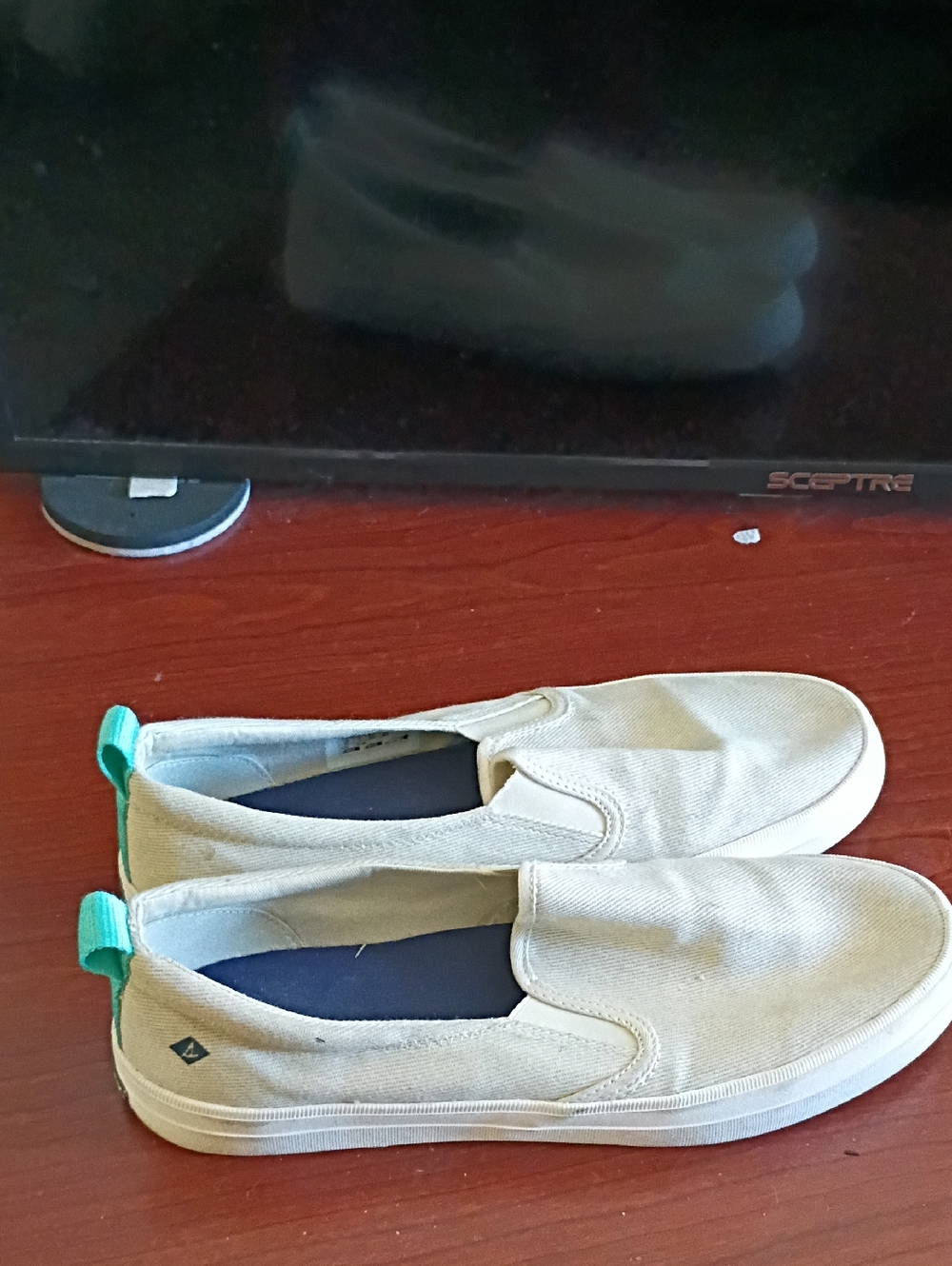 Sperry Beige Canvas Slip-On Loafers with Teal Heel Tab